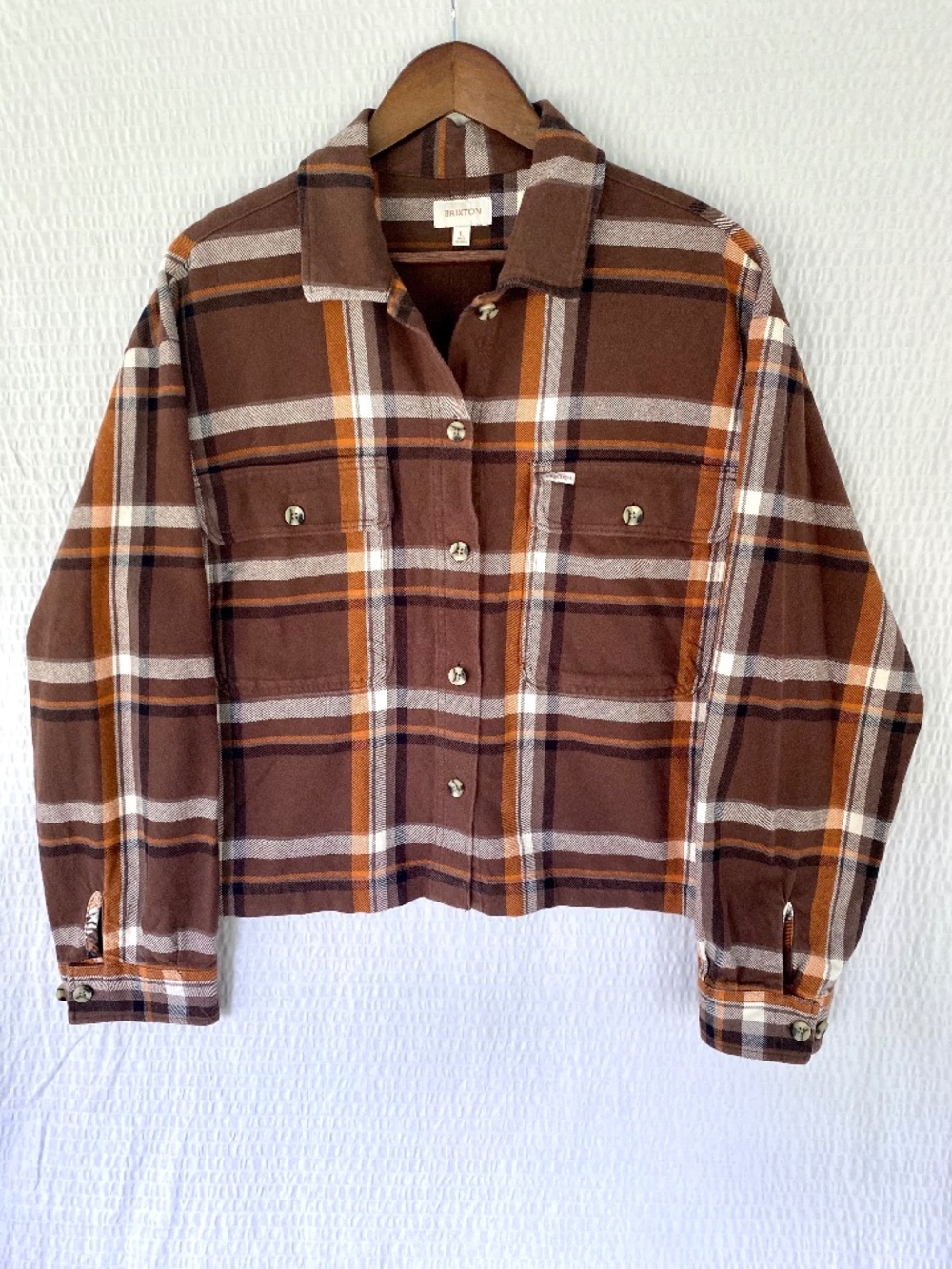 Womens Brixton Bowery Seal Brown Plaid Cropped Flannel Shirt Jacket Sz L